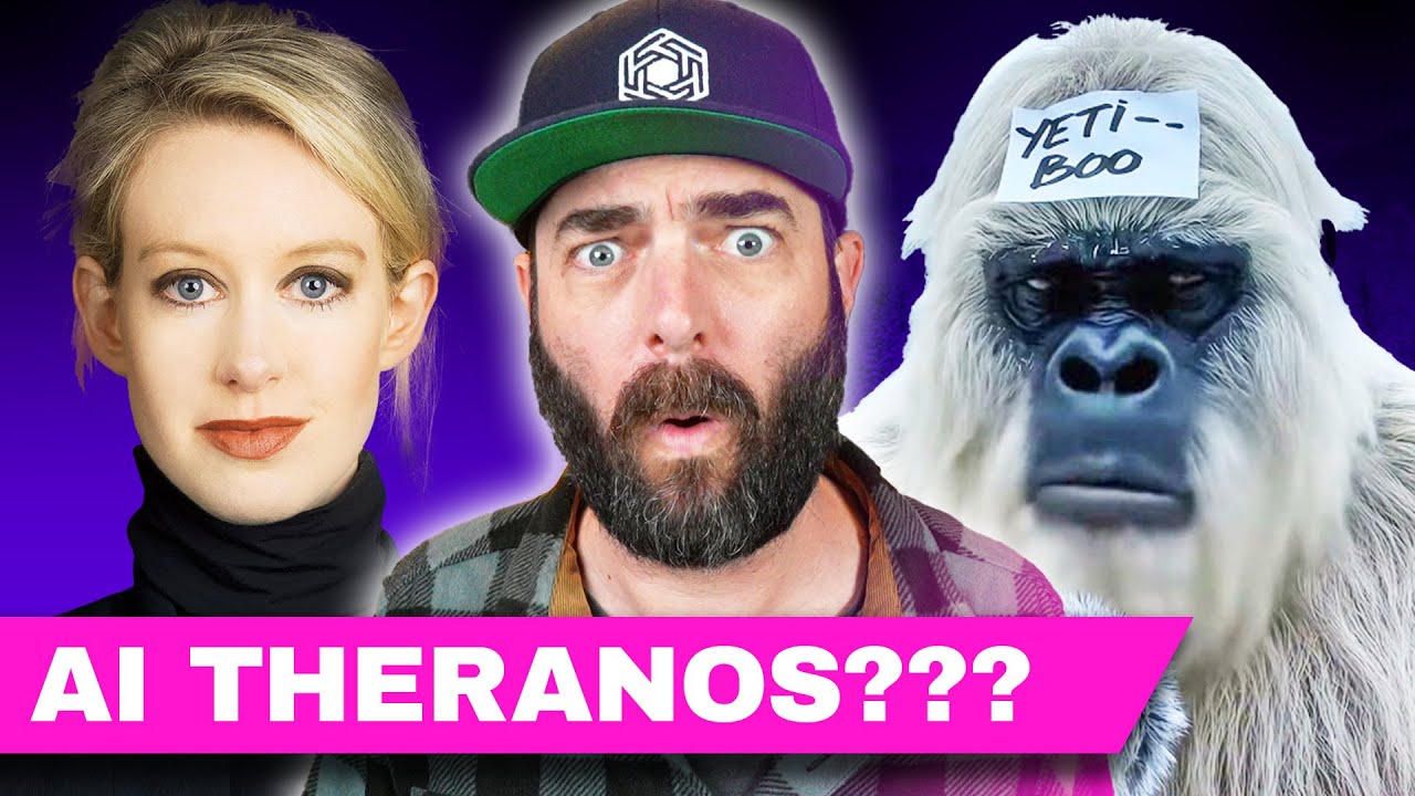 YouTube post by @mreflow for Hollywood Reporter. Caption reads: Huge AI scam, OpenAI's new FREE tool, easy AI....