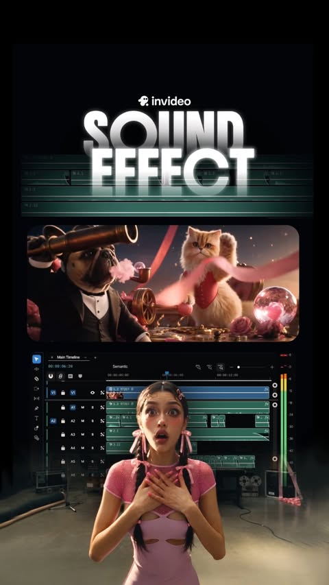 Instagram post by @ai.jeni for invideo. Caption reads: [...] did ALL my SFX. Dropped my edit into invideo....