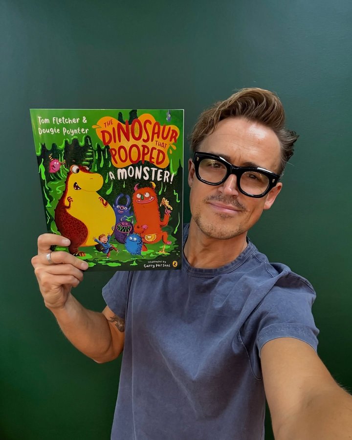 Instagram post by @tomfletcher for Puffin Books. Caption reads: Halloween? Dinosaurs? POOP?! Dive into a....