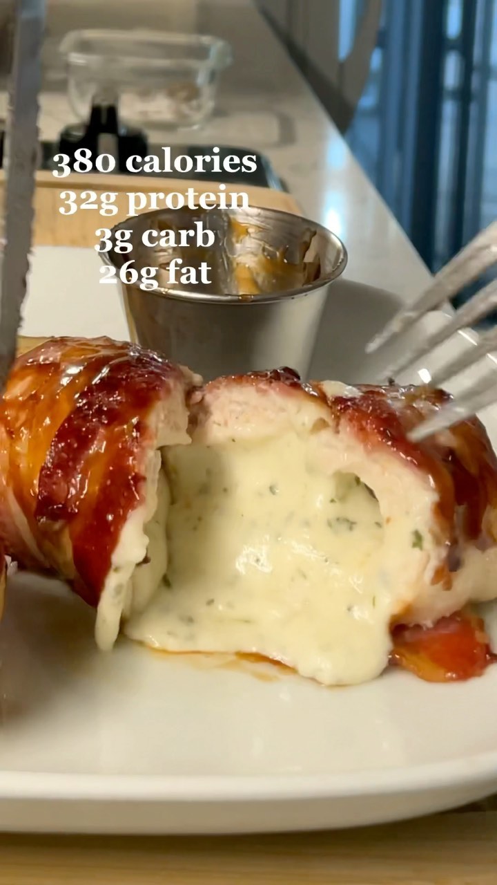 Instagram post by @ice.karimcooks for Real Good Foods. Caption reads: Hoisin Glazed @realgoodfoods Bacon Wrapped Stuffed....