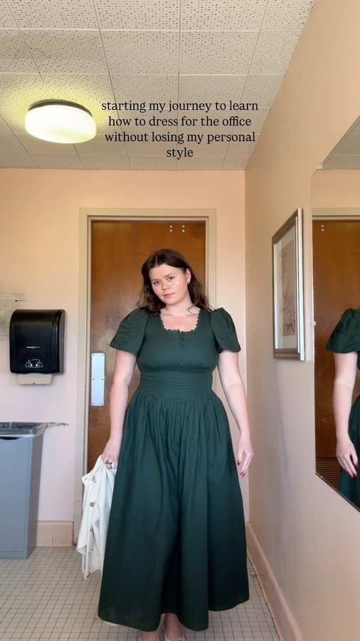 Instagram post by @kristinaamandahartley for Poet Dresses. Caption reads: Corset dress: modest edition #officeoutfit....