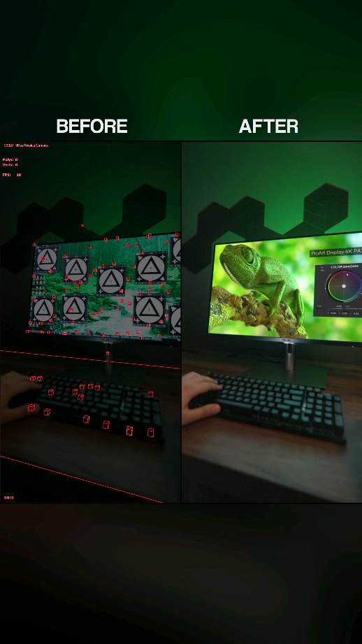 Instagram post by @olivervisualfx for ASUS. Caption reads: Before/After of the Asus ProArt Monitor Collab....