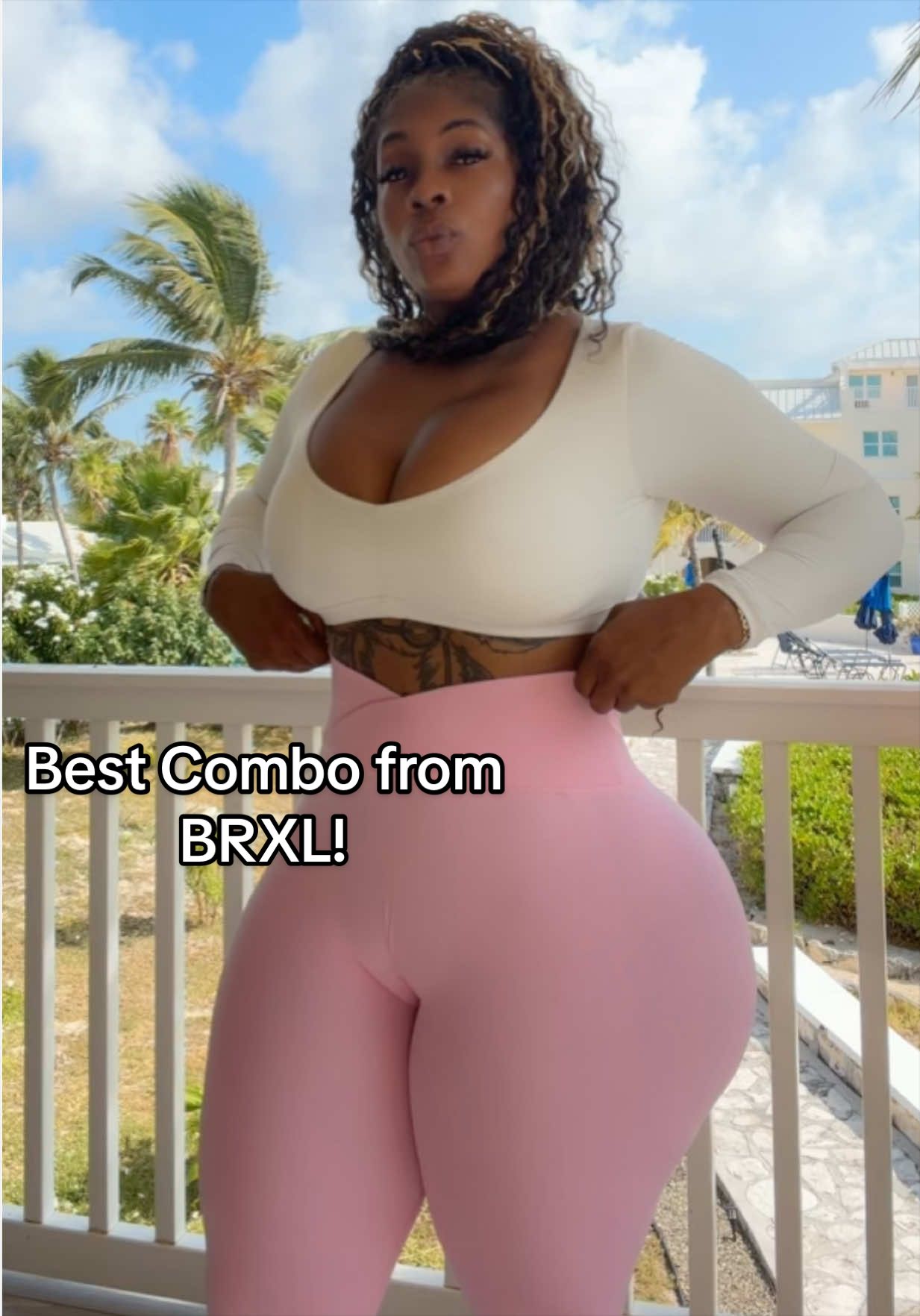 TikTok post by @thickndimples for BRXL. Caption reads: @BRXL Deep V Neck Shirt and Highwaisted Criss....