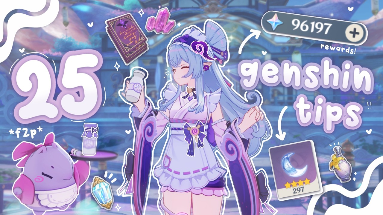 YouTube post by @AmberBenita for Sakura The Club. Caption reads: 25 Genshin Tips Every Player Should Know! 🥛♡ .⊹|....