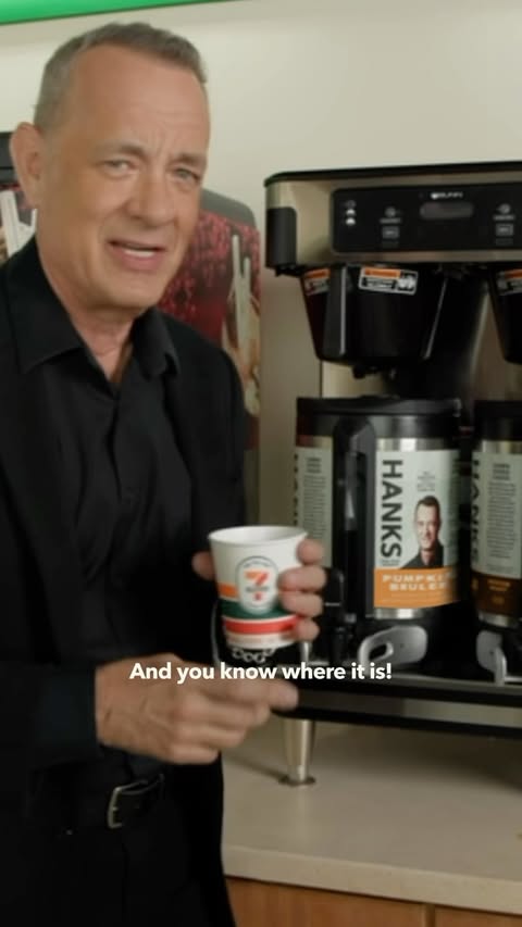 Instagram post by @tomhanks for 7-ELEVEN. Caption reads: 100% of @hanks profits go to supporting Veterans,....