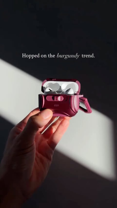 Instagram post by @maxrusso.design for ESR. Caption reads: [...] a while. The new Burgundy AirPods Case by....