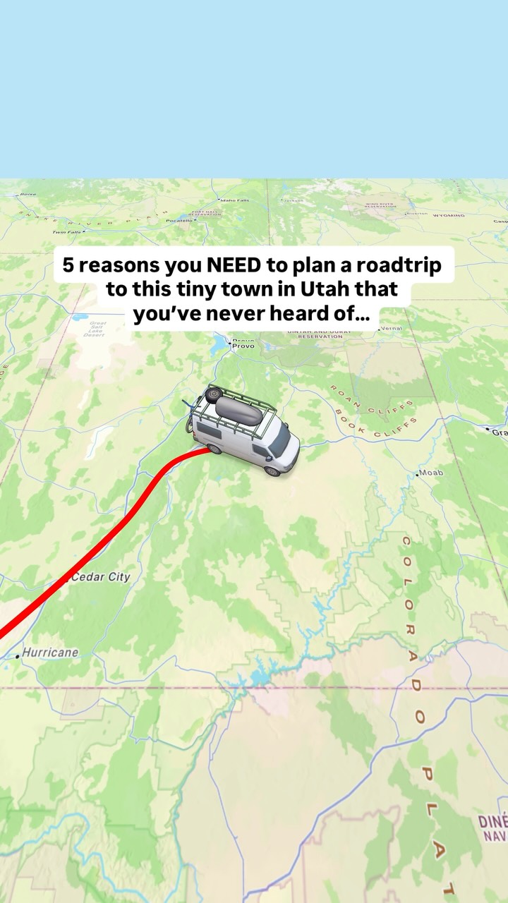 Instagram post by @wanderlusttravelcouple for Visit Utah. Caption reads: This tiny Utah town is home to landscape you won’t....