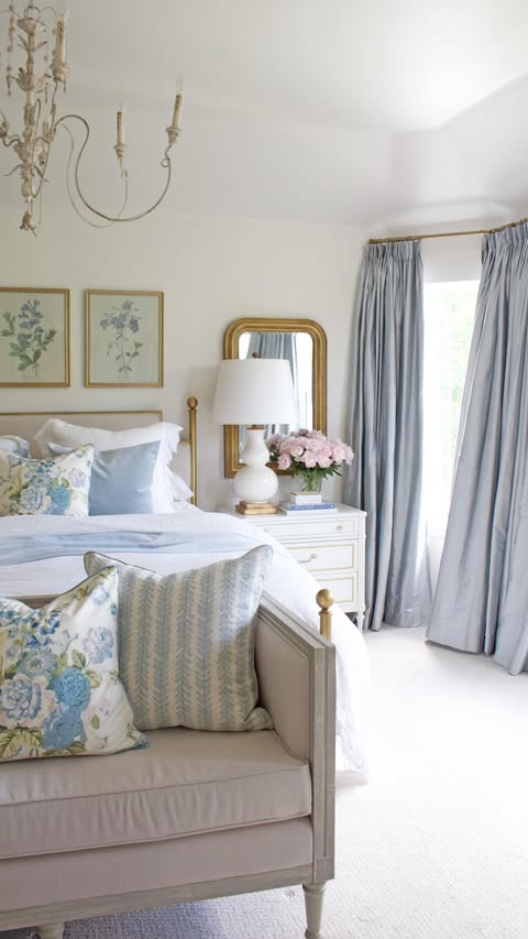 Instagram post by @tuftandtrim for Twopagescurtains. Caption reads: Our bedroom BEFORE 👉🏼 AFTER with....