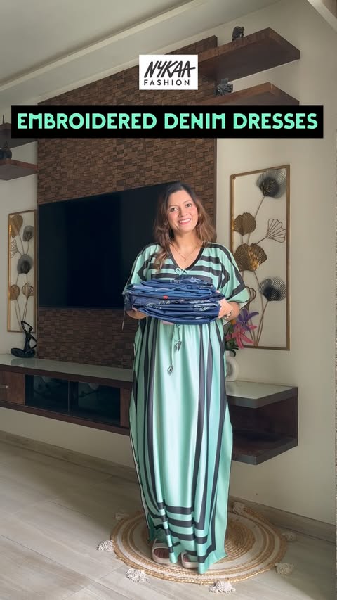 Instagram post by @oresta_pereira for Nykaa Fashion. Caption reads: [...] links❤️Embroidered Denim Dresses 👀....