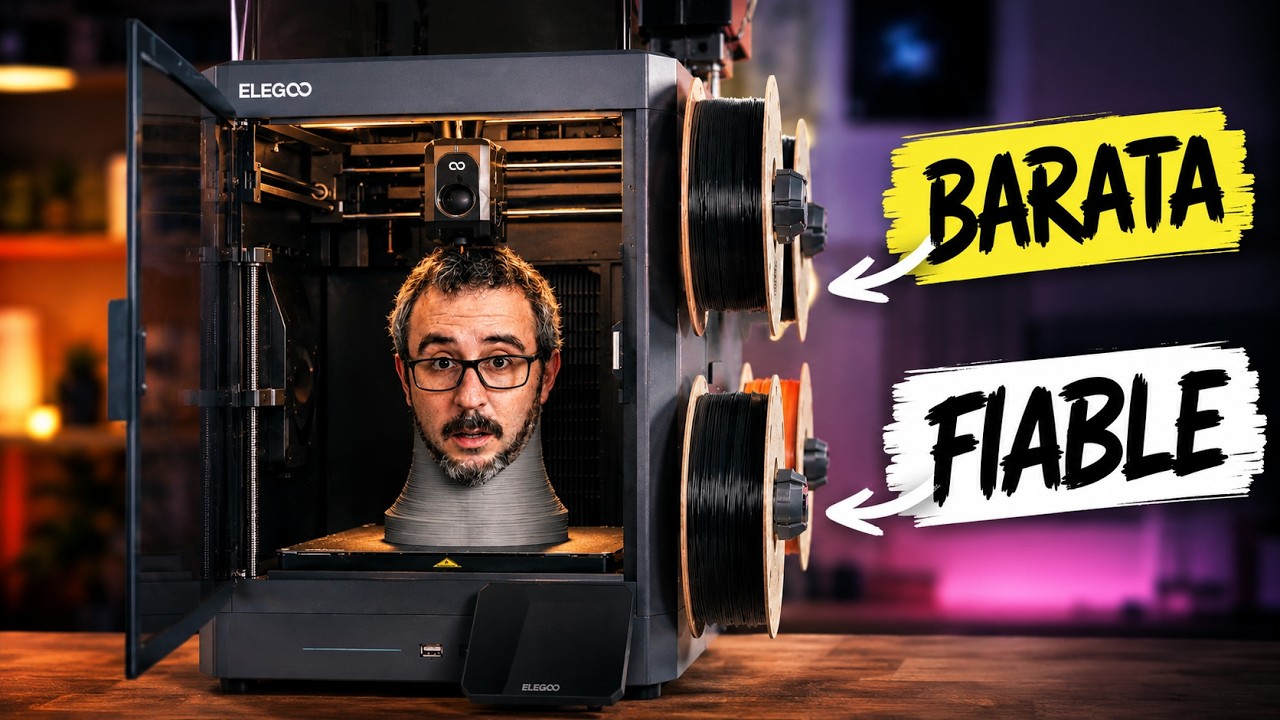 YouTube post by @unlocoysutecnologia for ELEGOO. Caption reads: [...] Closed-Frame Multicolor 3D Printer | Elegoo....