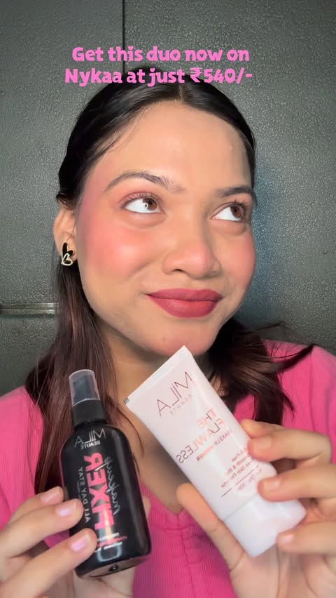 Instagram post by @sweety_hansdah_ for Mila Beauté. Caption reads: [...] 😮‍💨✨ This primer + fixer duo from Mila....