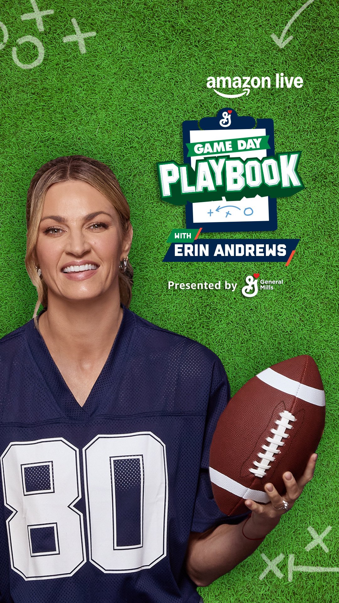 Instagram post by @erinandrews for General Mills. Caption reads: Game Day 101: Snacks first, football second 🏈....