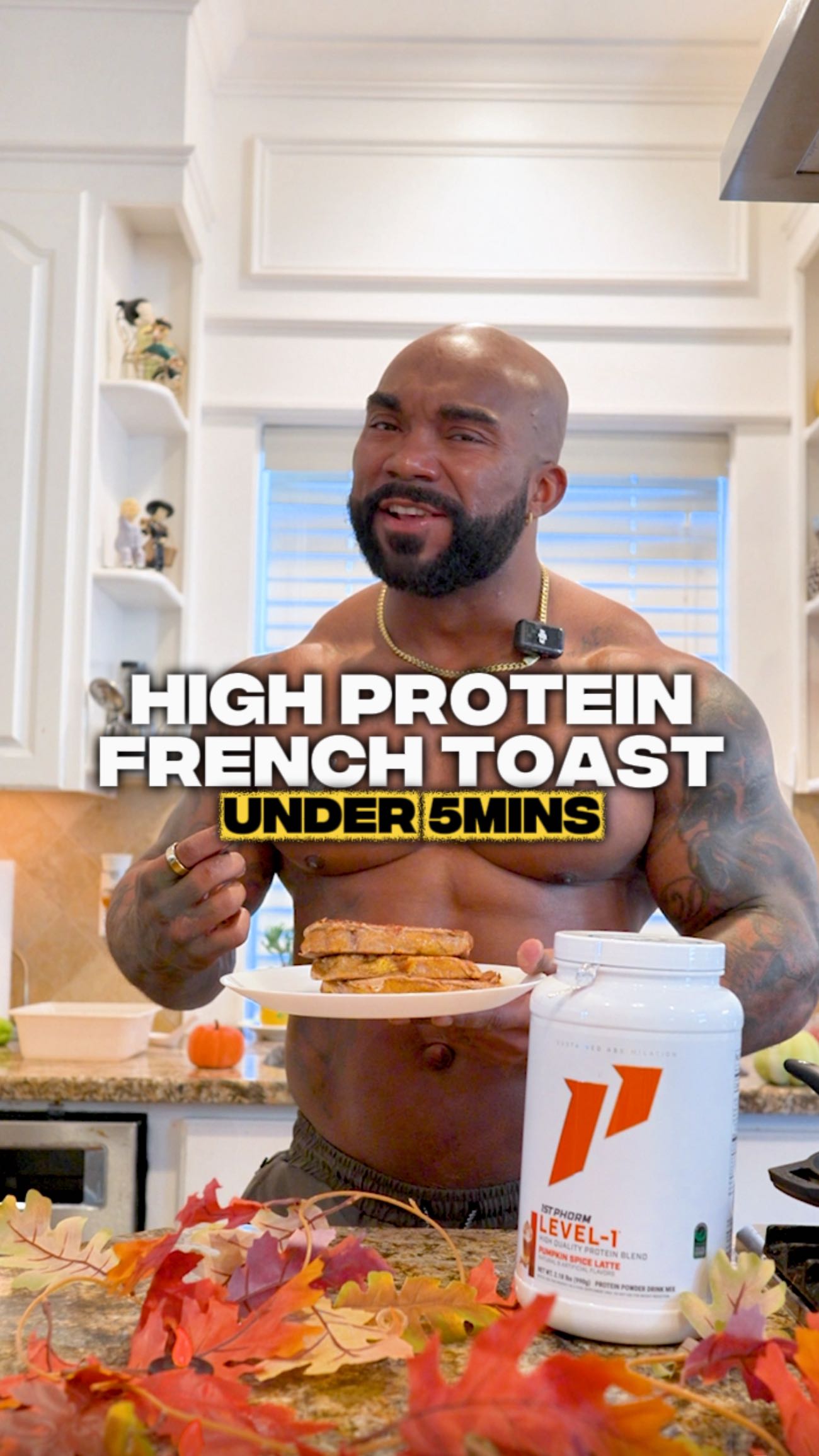 Instagram post by @antwanrarcus for Trader Joe's. Caption reads: High protein pumpkin spice latte French toast🎃....