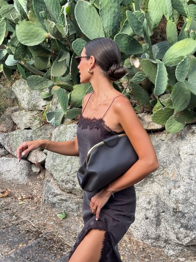 Instagram post by @lglora for Mango. Caption reads: Brown dress obsession 1 or 2? @mango outfits 🫰🏼....
