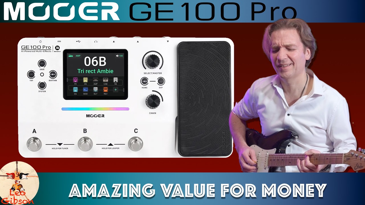 YouTube post by @LeoGibsonGtr for Sweetwater Integration. Caption reads: Mooer GE 100 PRO: Demo and Review - Amazing value....