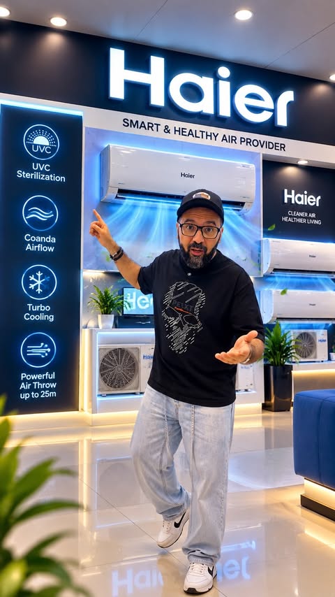 Instagram post by @just.friends.uae for Haier. Caption reads: @haiergulf @dhabionegulf ❄️🔥 ليه تختار Haier....