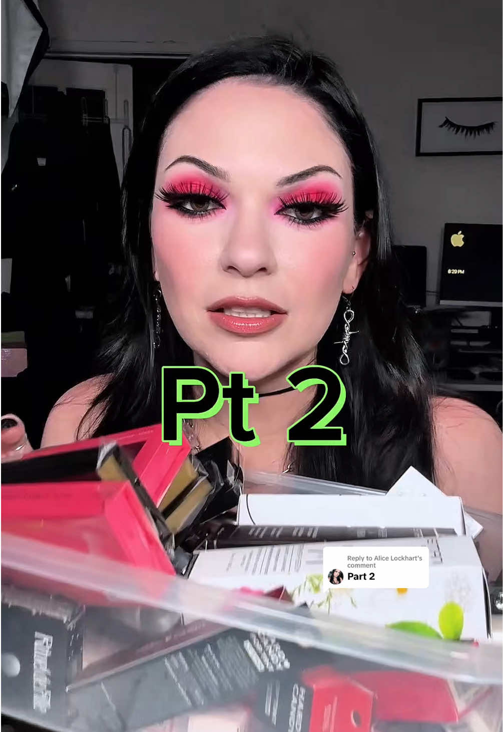 TikTok post by @alicexlockhart for Lilly Lashes. Caption reads: [...] part 2 💄💝🎁 @Emani Vegan Cosmetics @Lilly....