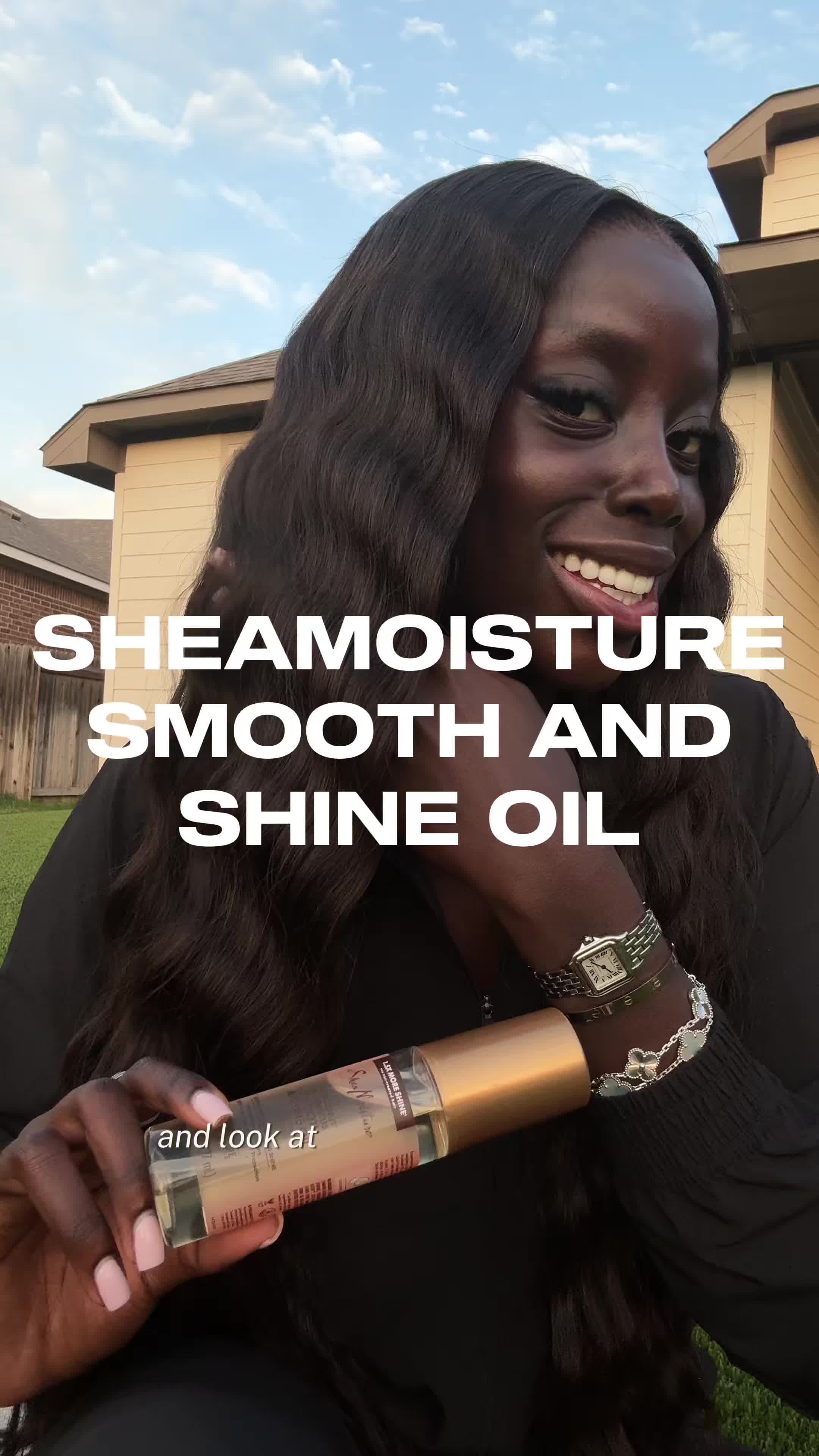 TikTok post by @golloria for Sheamoisture. Caption reads: hair is LAID, SMOOTH, AND SHINING! please GET INTO....
