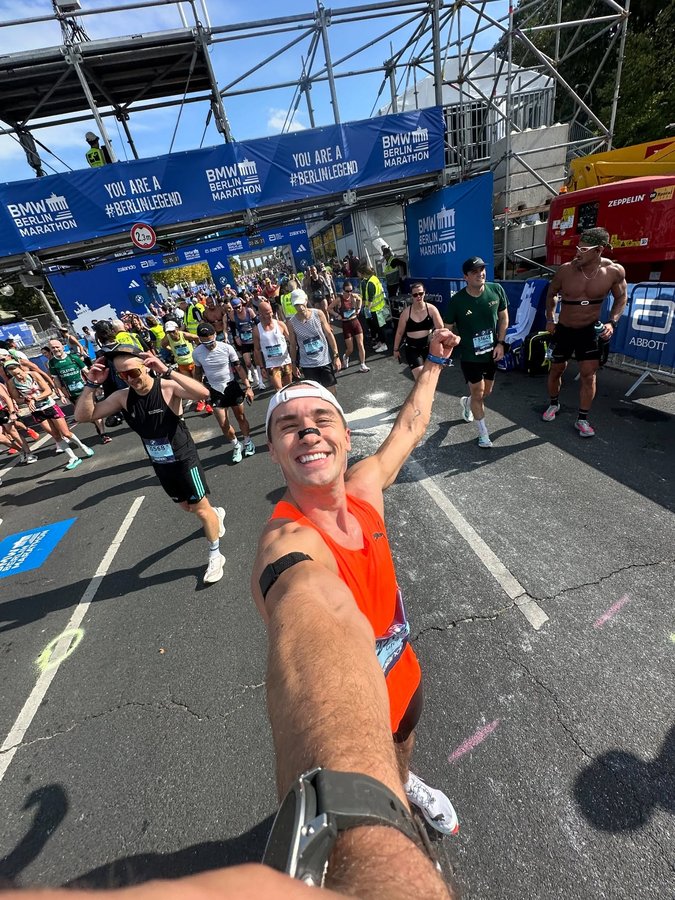 Instagram post by @gregoshea for Kinetica Sports. Caption reads: Marathon PB in Berlin - 03:19:46 🙌 As I said....