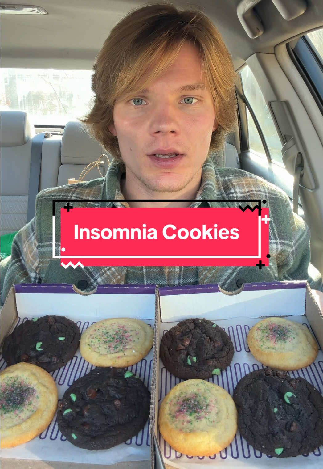 TikTok post by @ianjackedeats for Insomnia Cookies. Caption reads: Trying @insomniacookies 4 Good Cookie Pack #fyp....