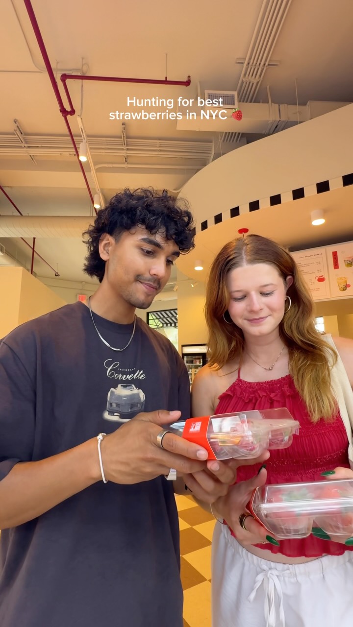 Instagram post by @katlinandsourabh for Oishii. Caption reads: Summer, matcha, and @oishii.berry strawberries —....