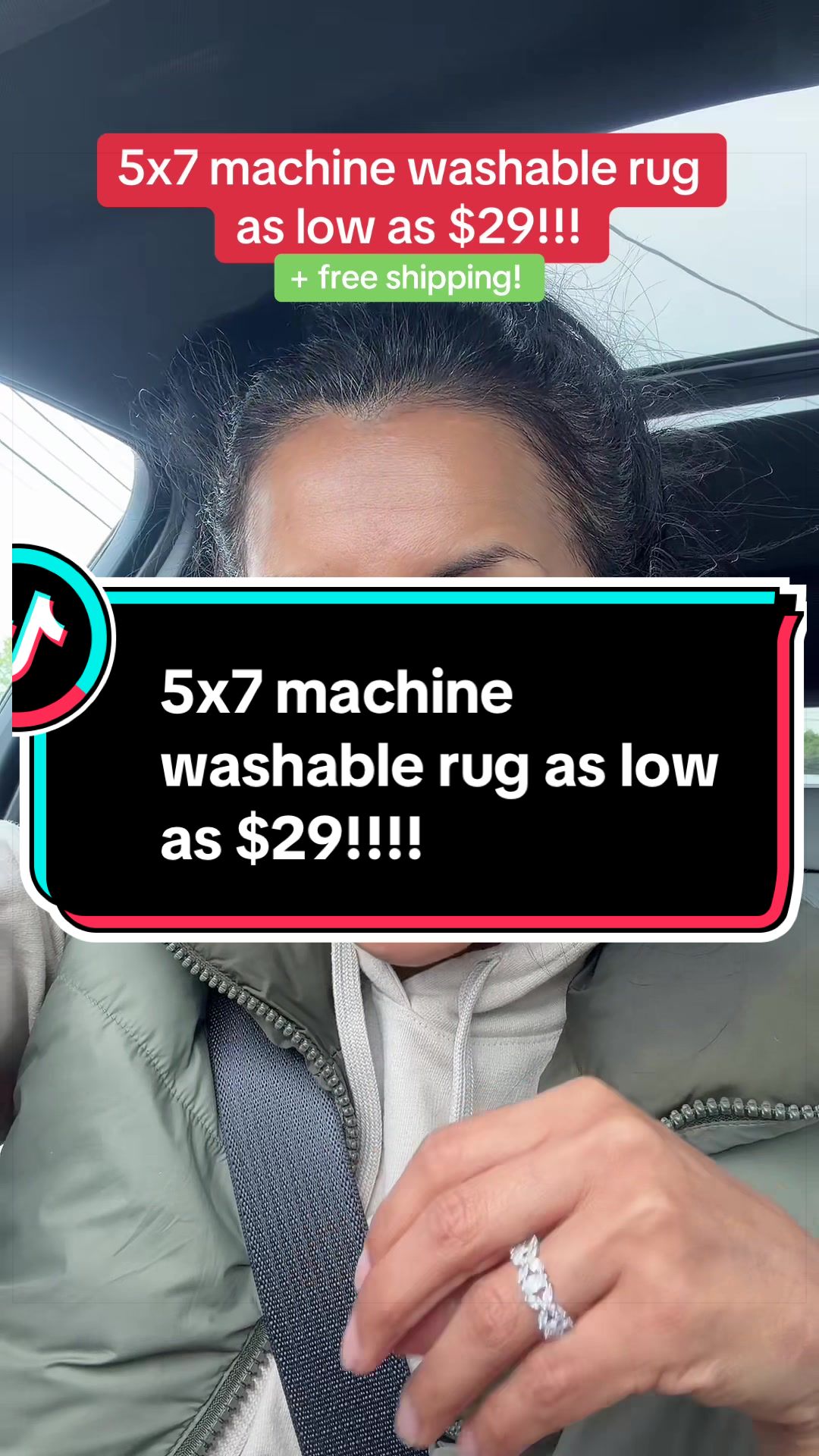 TikTok post by @carmens.finds for Genimo. Caption reads: [...] as $29 dollars! #rug #machinewashable....