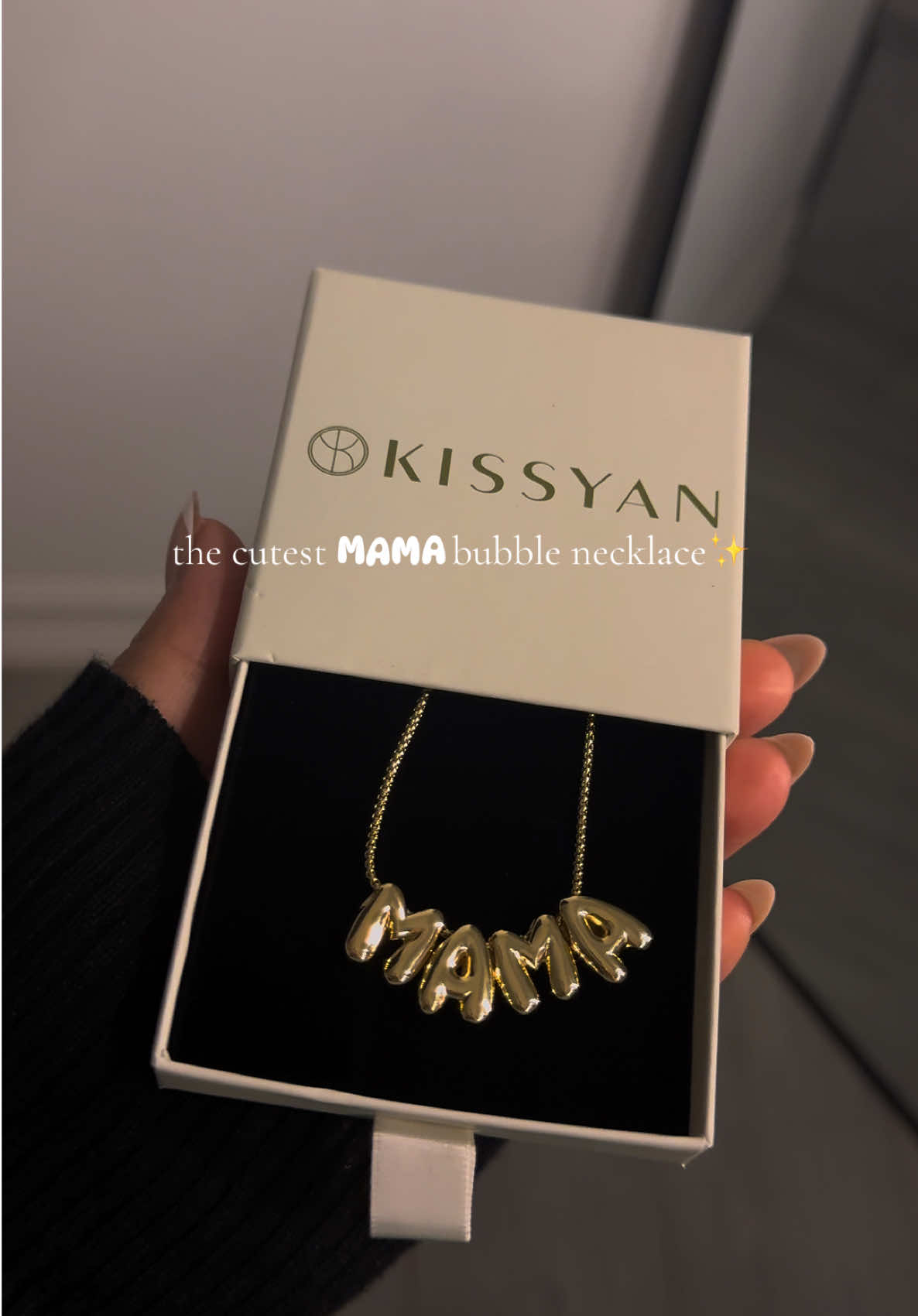 TikTok post by @rossflst for KissYan Jewelry. Caption reads: the perfect everyday mama necklace!! #momgiftideas....