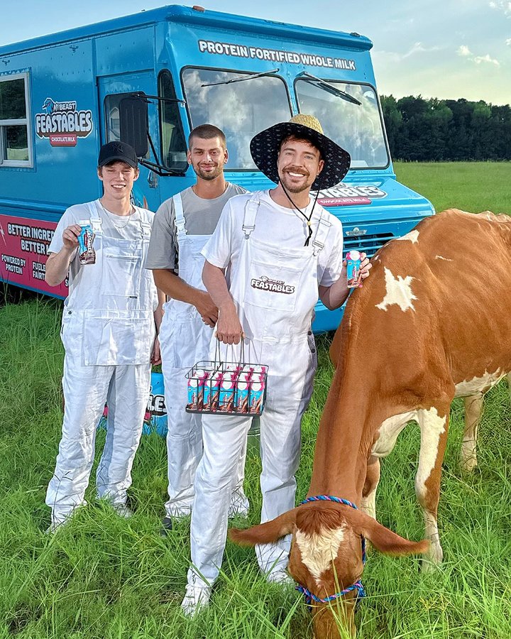 Instagram post by @mrbeast for Feastables. Caption reads: The new Feastables Chocolate Milk is here!....