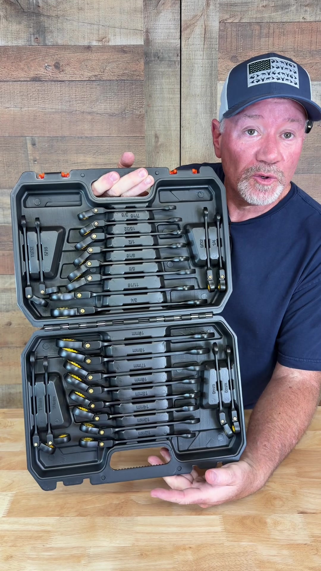 TikTok post by @little_mike_1 for VEVOR US. Caption reads: Flex-Head Ratcheting Wrench Set SAE & Metric....