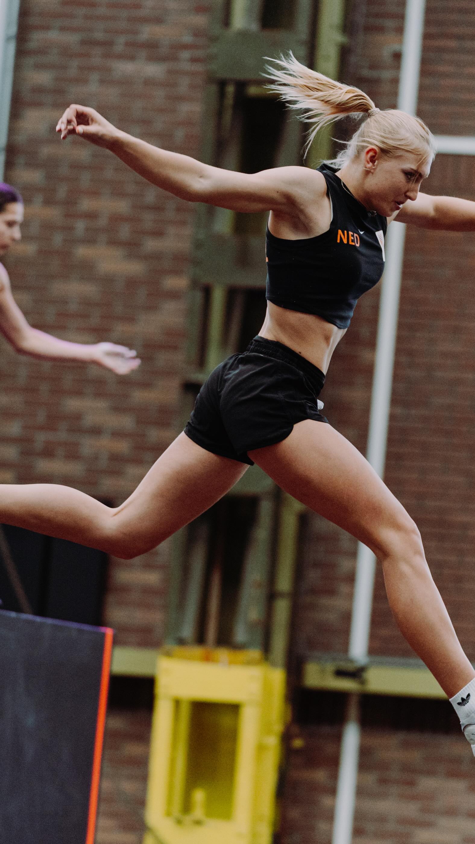 Instagram post by @noa_diorgina for Technogym. Caption reads: GOLD at the Parkour World Cup Speed in....