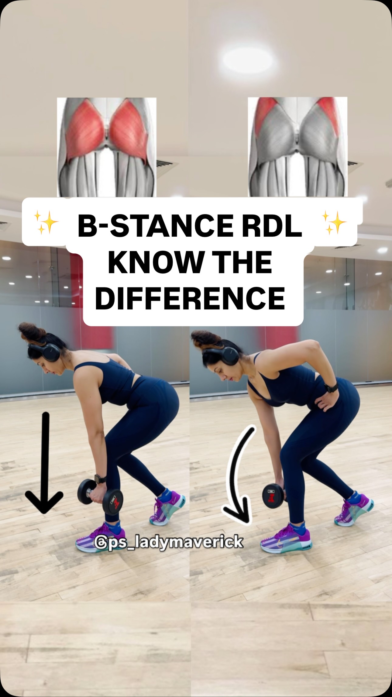 Instagram post by @ps_ladymaverick for Fanka. Caption reads: B-Stance RDL Variations for Glute Gains 🍑

Target....