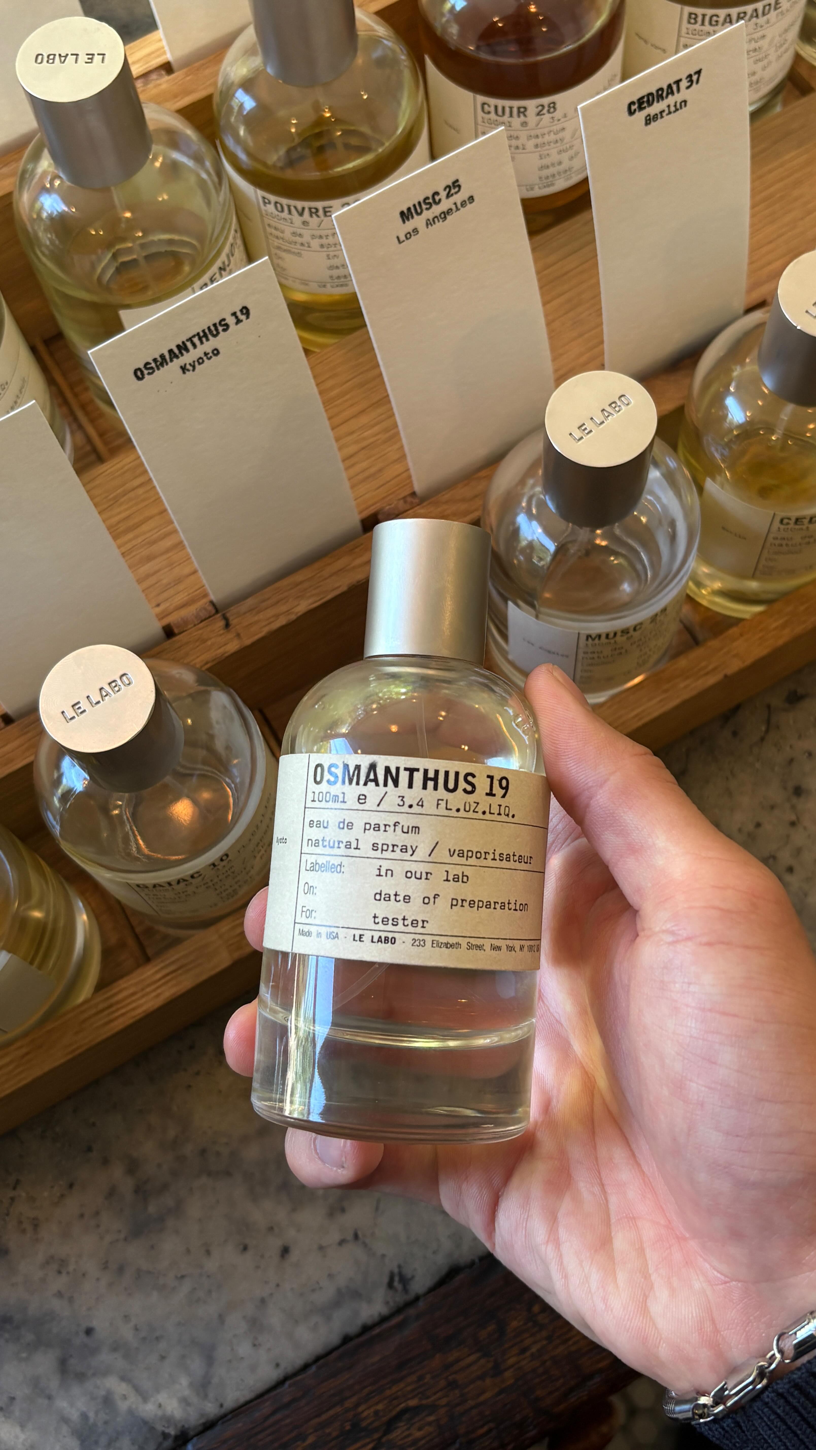 Instagram post by @lukeliiu for Le Labo Fragrances. Caption reads: @lelabofragrances newest scent osmanthus 19....