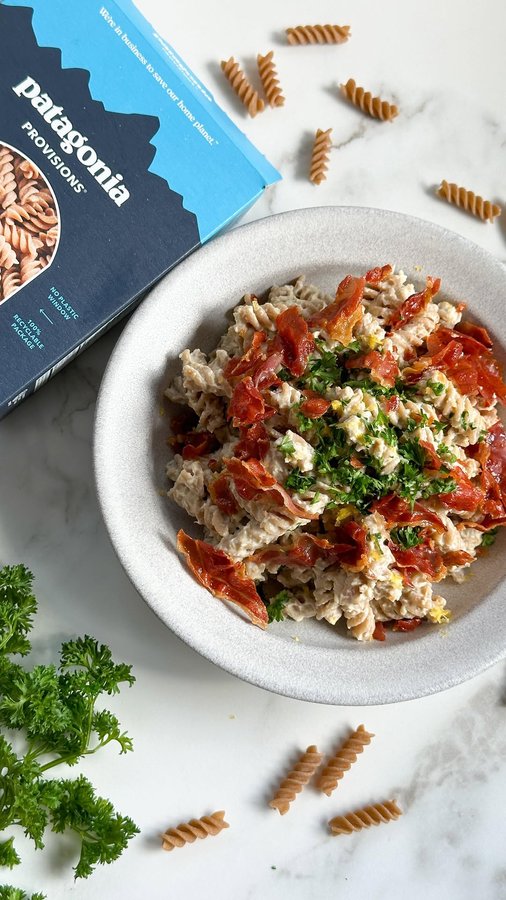 Instagram post by @rosaliazadeh for Patagonia Provisions. Caption reads: BABA GANOUSH PASTA with @patagoniaprovisions The....