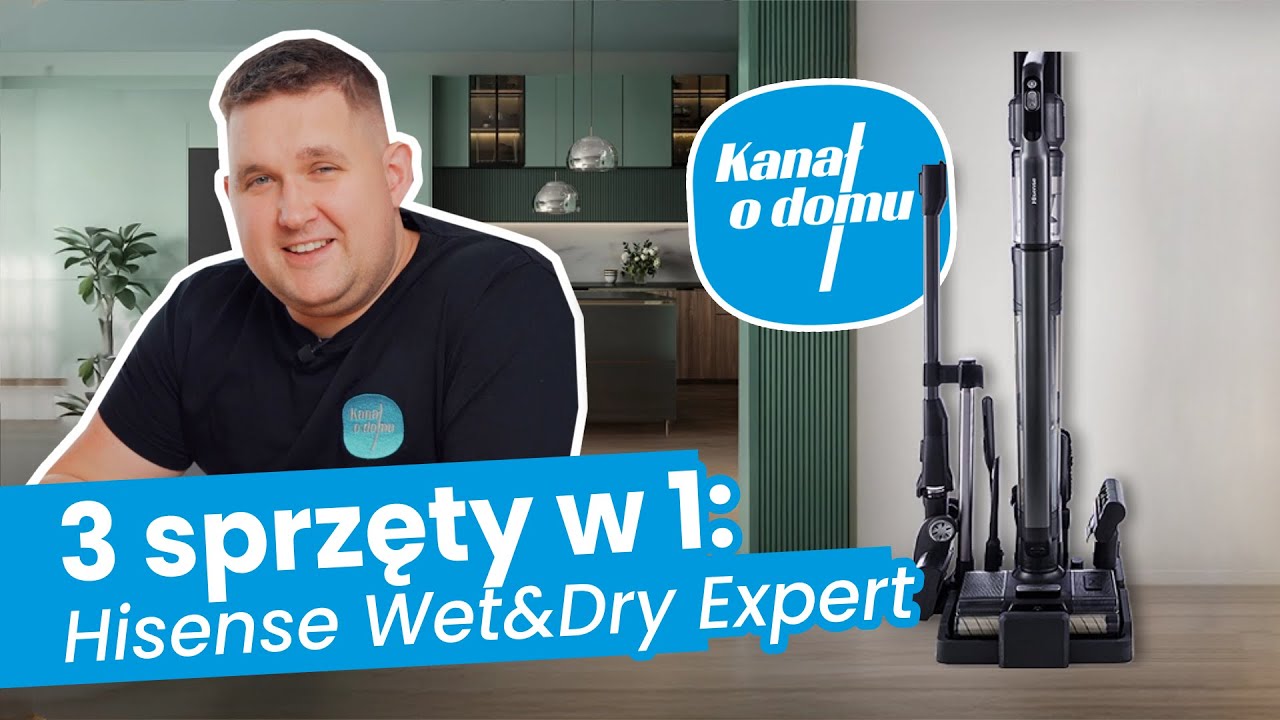 YouTube post by @kanalodomu for Media Expert. Caption reads: Great price for a 3-in-1: Hisense Wet&Dry Expert.