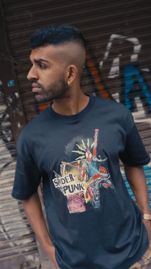 Instagram post by @denimen_ for Superdry. Caption reads: Channel your inner Spider-Punk 🕷️⚡ Superdry’s....