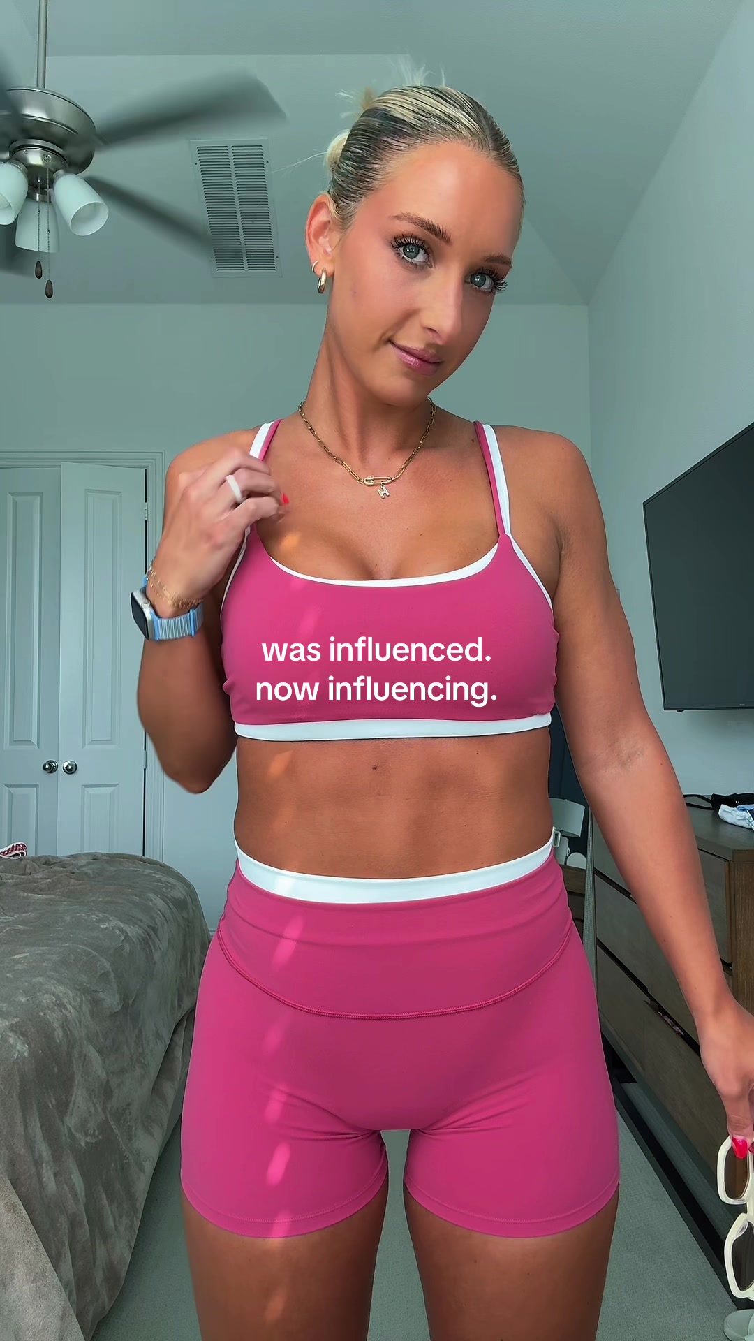 TikTok post by @hannahberkovsky for GOLD HINGE. Caption reads: if you buy it, we’re matching! Who’s gonna twin....