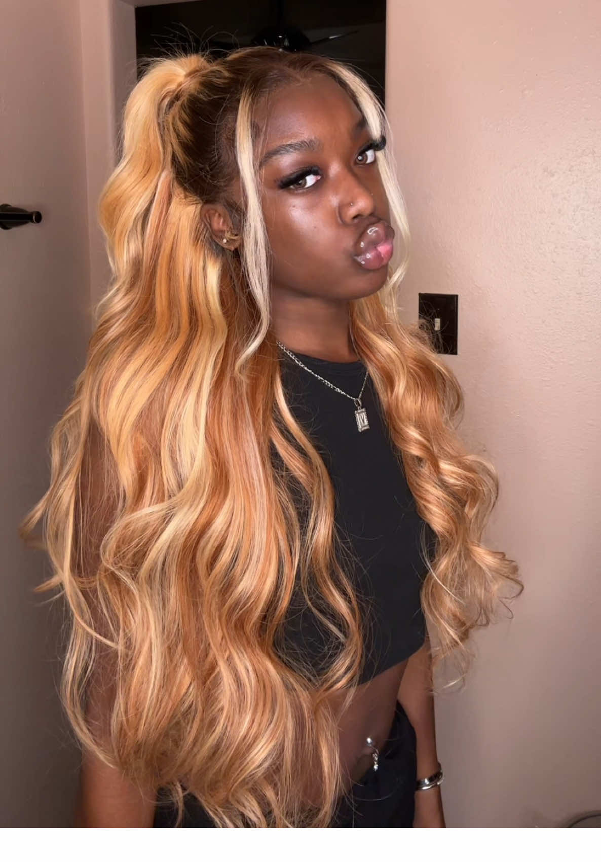 TikTok post by @riannaimarri for Asteria Hair. Caption reads: Asteria Hair | 13x6 26 inches 250% density blonde....