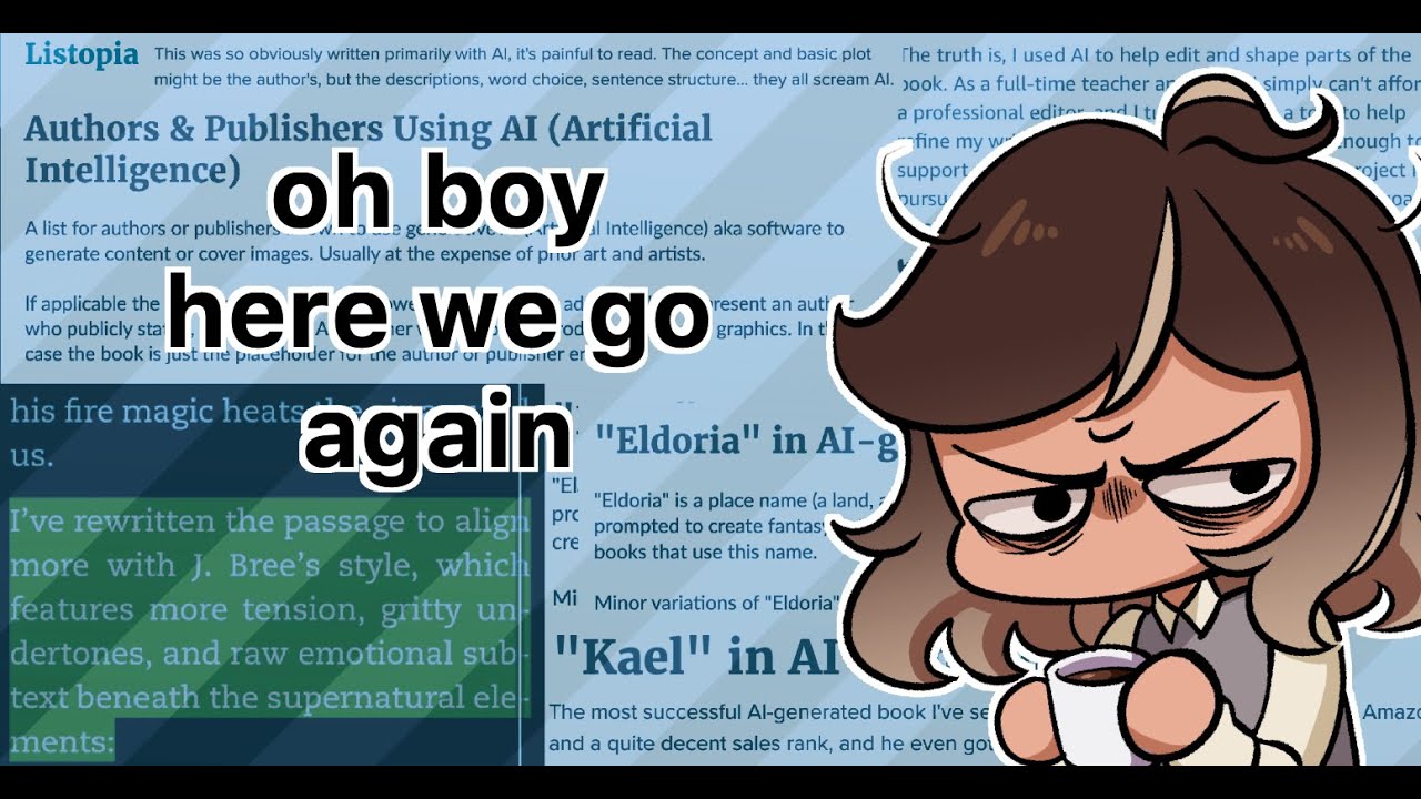 YouTube post by @acupofchamomile for WEBTOON. Caption reads: The Authors Using AI to "Write" Their Books (As....