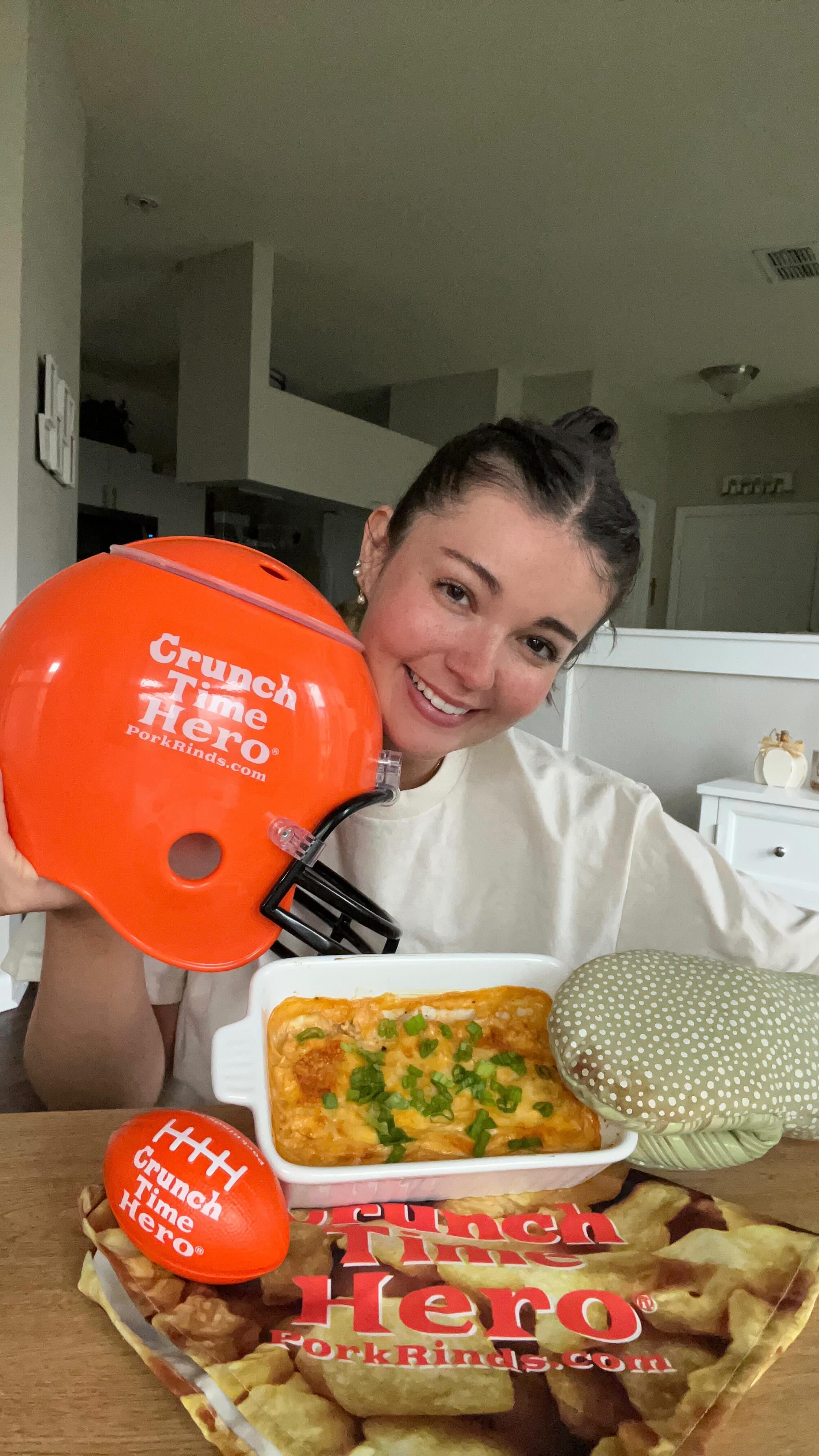 Instagram post by @cookin.em for Pork Rinds. Caption reads: high protein buffalo chicken dip ft....