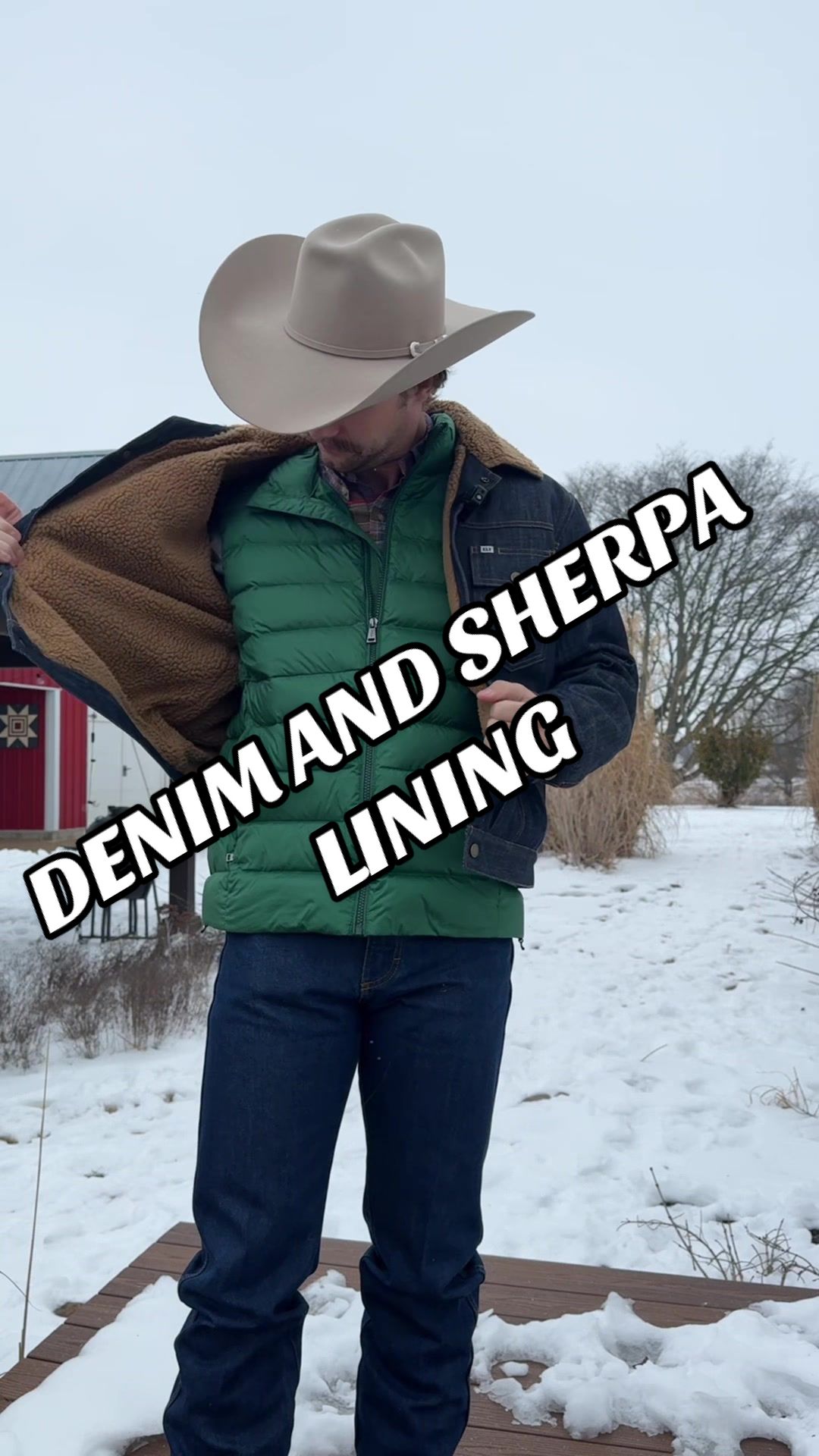 TikTok post by @codycowboymoseley for Ely Cattleman. Caption reads: The @Ely Cattleman Denim and Sherpa jacket is....