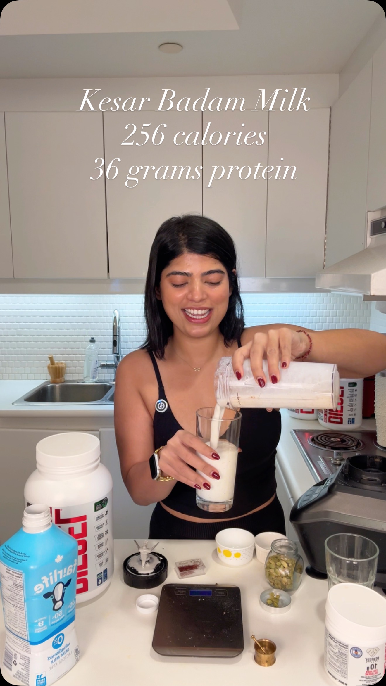 Instagram post by @saachi.pai for PERFECT Sports. Caption reads: [...] milk
• 1 scoop Diesel salted caramel....