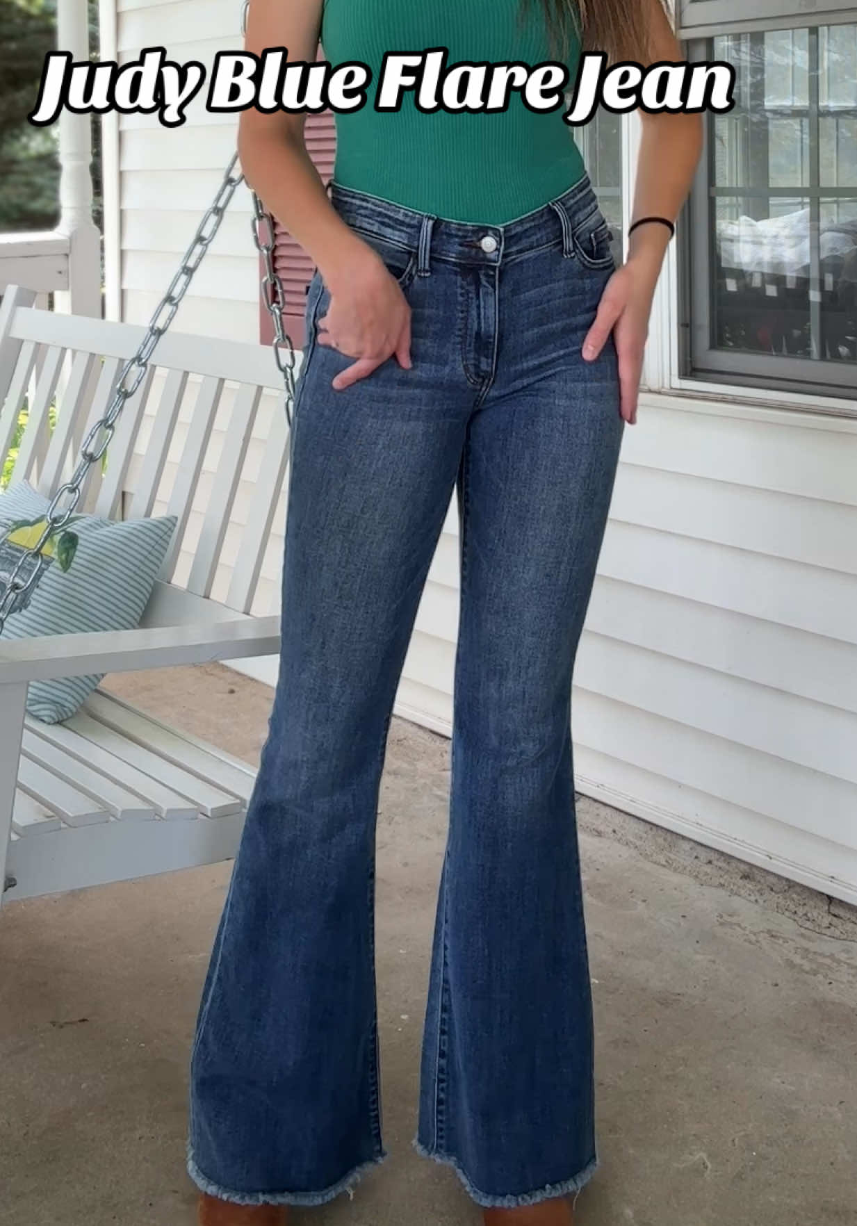 TikTok post by @chelsea.nurse for Freckled Poppy. Caption reads: Judy Blue flares 😍 @Freckled Poppy #judyblue....