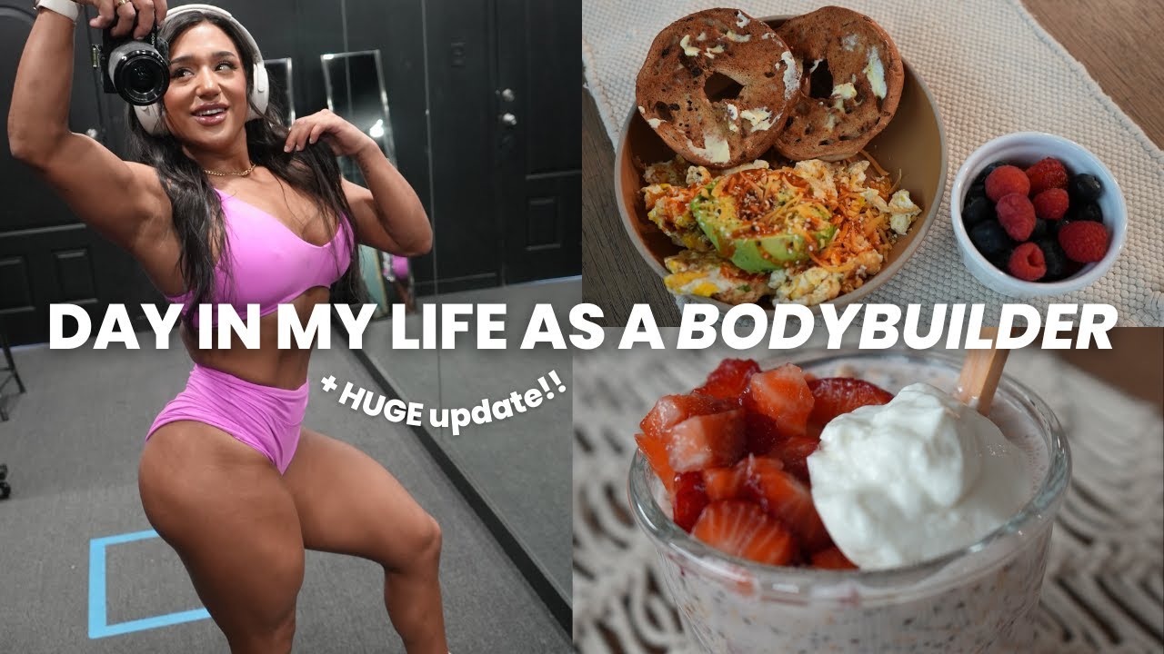 YouTube post by @juliarene for Megafit Meals. Caption reads: day in my life as a pro bodybuilder + HUGE....
