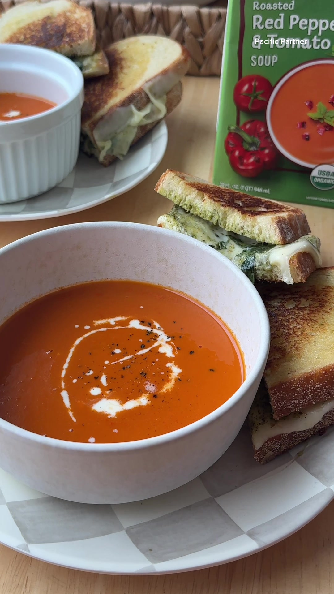 TikTok post by @teachertastes for Pacific Foods. Caption reads: Pacific Foods Organic Roasted Red Pepper & Tomato....