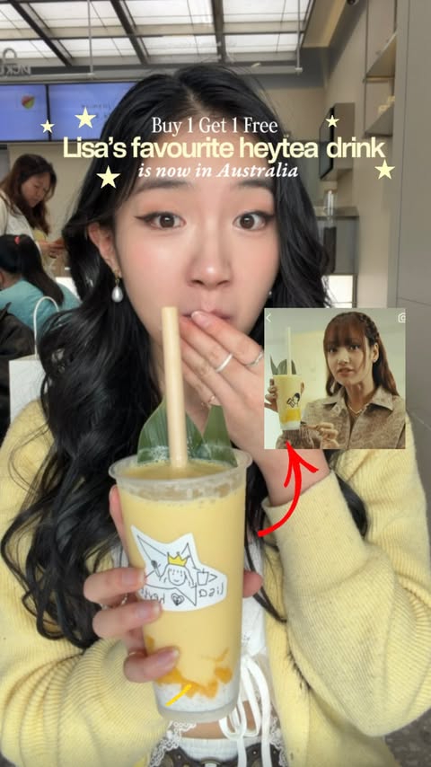 Instagram post by @sallyteaa for HEYTEA. Caption reads: Lisa’s favourite heytea drink is now in Australia....