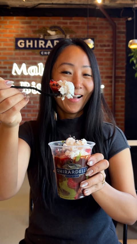 Instagram post by @hungryhungryheejin for Ghirardelli Chocolate Company. Caption reads: i’m here for all things Dubai Style Chocolate the....