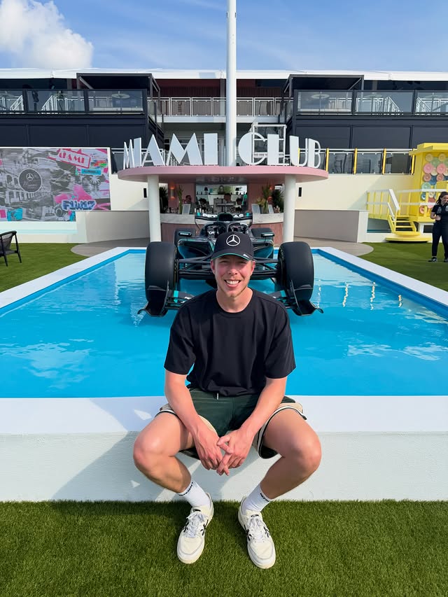 Instagram post by @calfreezy for Mercedes-AMG PETRONAS F1 Team. Caption reads: Unreal time at the Miami GP, thanks @meta.ai and....