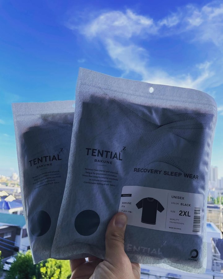 Instagram post by @buzz_asahara for TENTIAL. Caption reads: TENTIAL様よりBAKUNEシリーズからTシャツとハーフパンツをご提供頂きました！ [...].