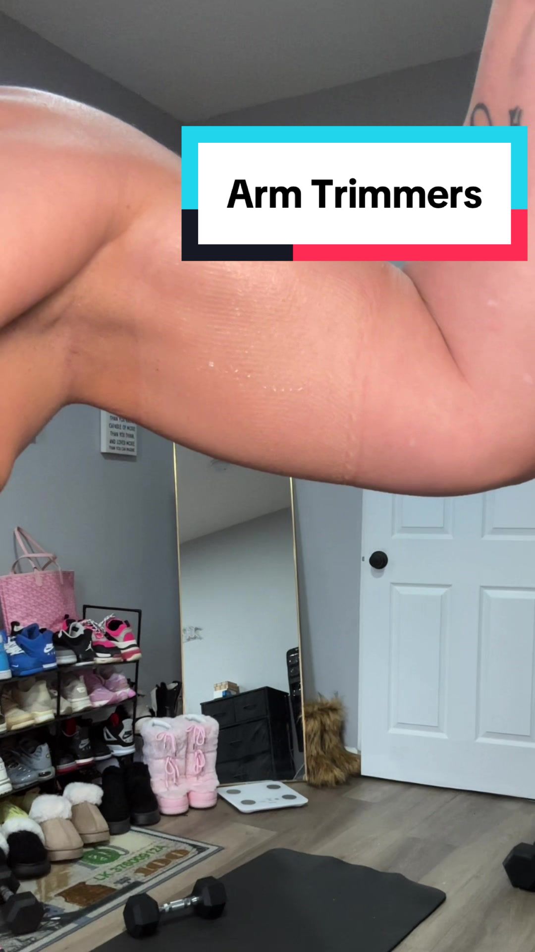 TikTok post by @sarahonloop for Sweetsweat. Caption reads: @sweetsweat arm trimmers help trim your flabby....