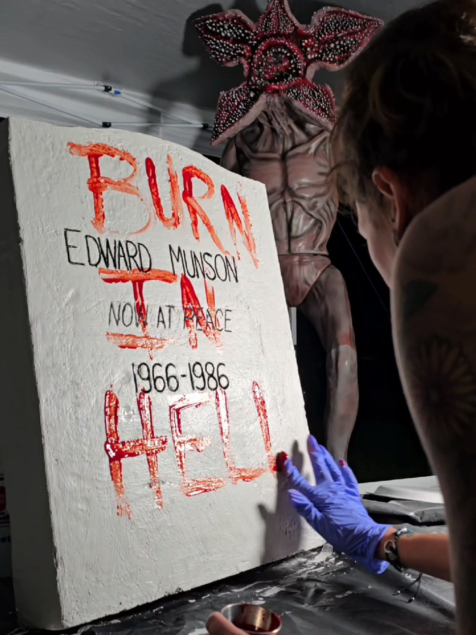 TikTok post by @horrorprops for Halloween Costumes. Caption reads: We made Eddie Munsons Tombstone  for our 2025....